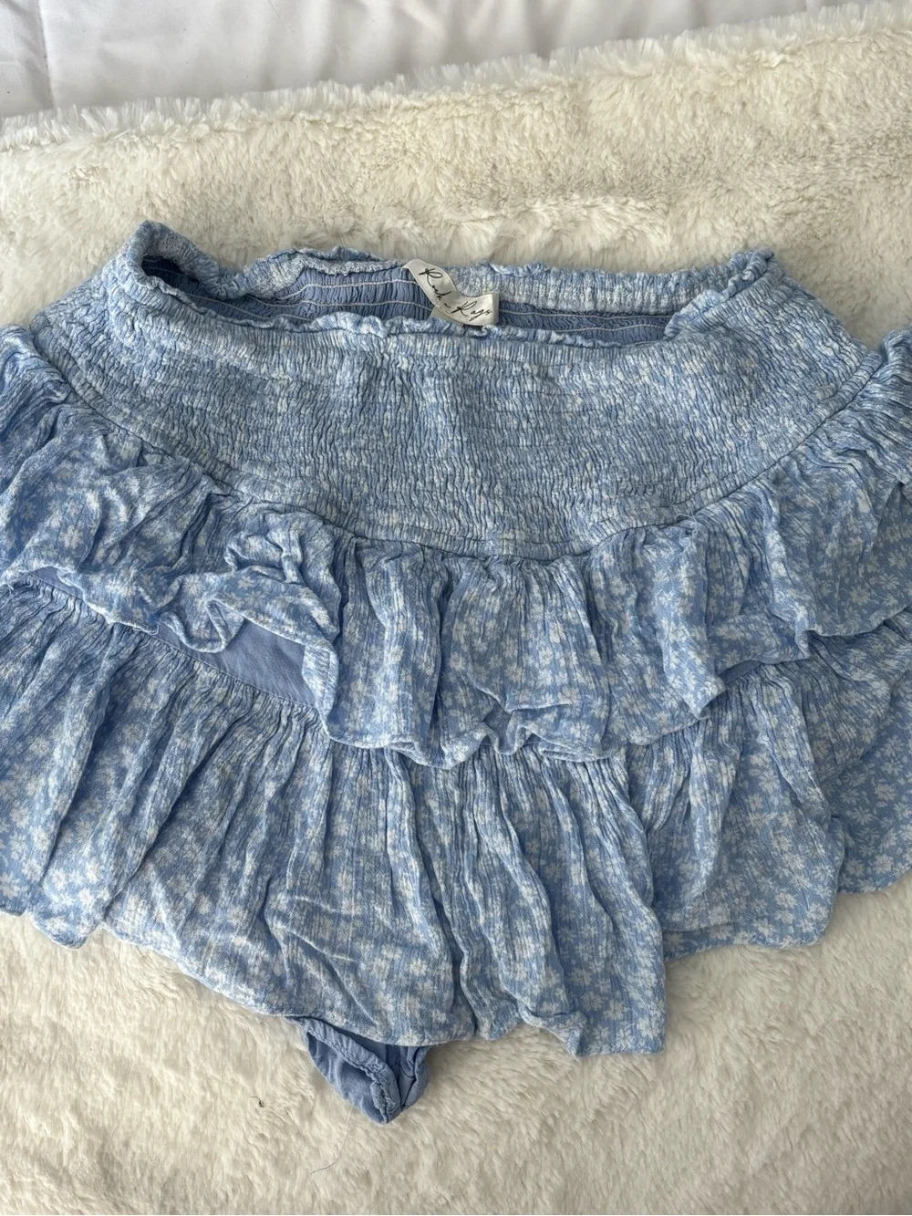 Smocked Ruffle Mini Skirt in Light Blue